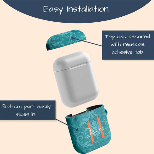 Monogram Personalized Turquoise Damask AirPods Case